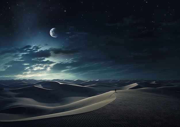 persona solitaria caminando desierto noche preciosa traicionando edén cosmología amorío duda inmensidad cielo