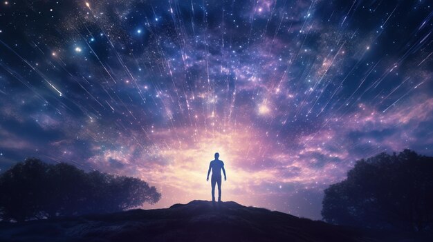 Persona solitaria frente a la galaxia estrellada imagen de fondo del cielo arte generado por IA