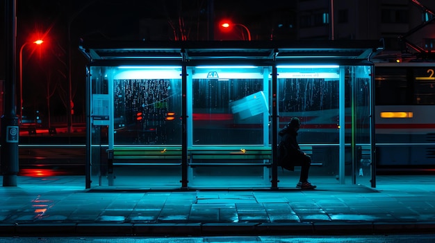 Foto una persona solitaria está sentada en una parada de autobús por la noche está lloviendo afuera y la parada de autobus está iluminada por una luz azul