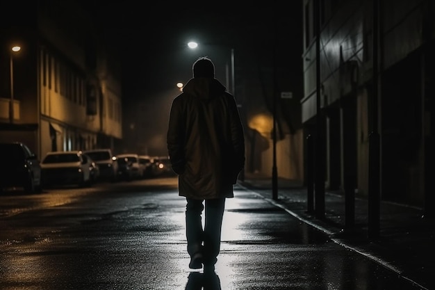 Persona soltera irreconocible caminando por la calle en la noche oscura