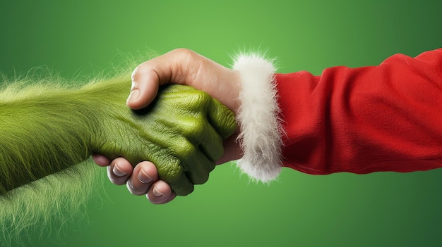 Foto una persona con un sombrero de papá noel estrechando la mano con un monstruo verde de arte vectorial