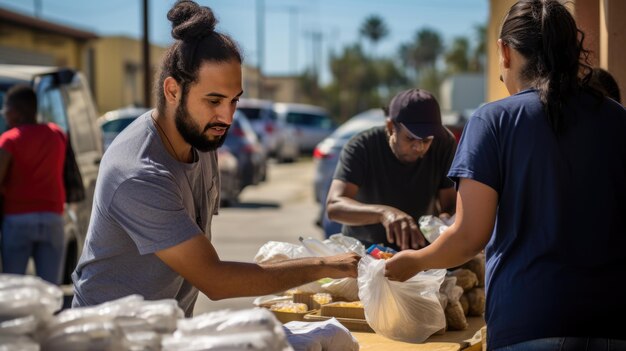 Foto una persona sonríe mientras se ofrece como voluntario para repartir comida a una comunidad diversa en un evento de caridad al aire libre