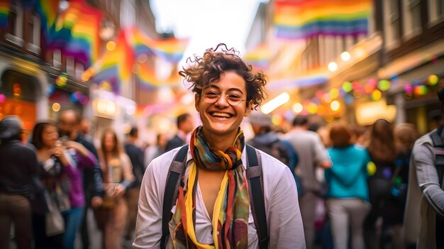 Persona sonriente en el fondo del desfile LGBT