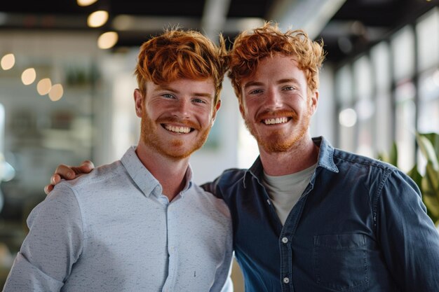 Foto persona sonriente joven de pie juntos retrato de personal dentro de trabajo moderno sonriendo a la cámara