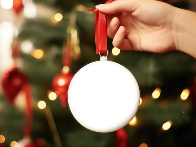 Foto una persona sosteniendo un adorno blanco frente a un árbol de navidad.