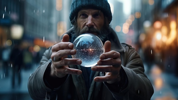 Persona sosteniendo una bola de energía en el medio de una ciudad masiva concepto de poder mágico