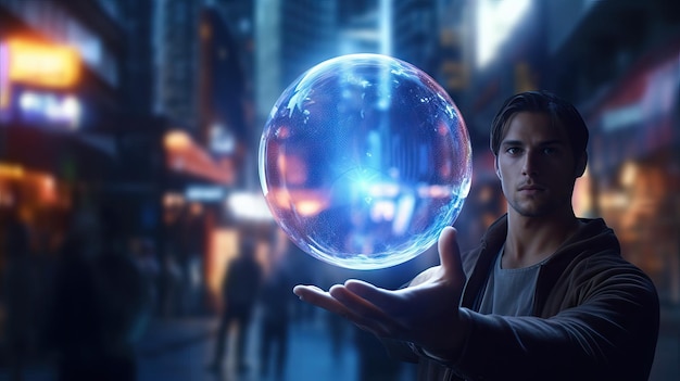 Persona sosteniendo una bola de energía en el medio de una ciudad masiva concepto de poder mágico