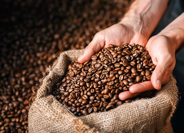 una persona sosteniendo una bolsa de granos de café con una mano sosteniéndolos