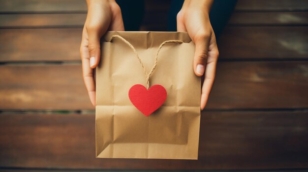 una persona sosteniendo una bolsa de papel marrón con un corazón rojo