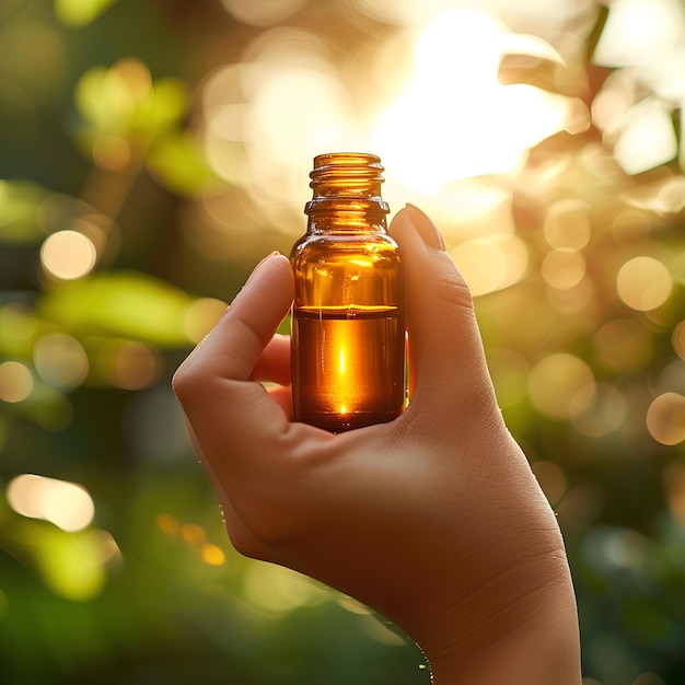 Una persona sosteniendo una botella de aceites esenciales en la mano con el sol brillando a través de los árboles