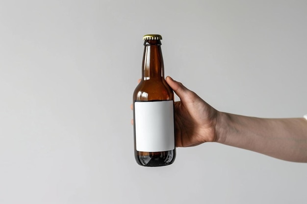 una persona sosteniendo una botella de cerveza con una etiqueta en blanco