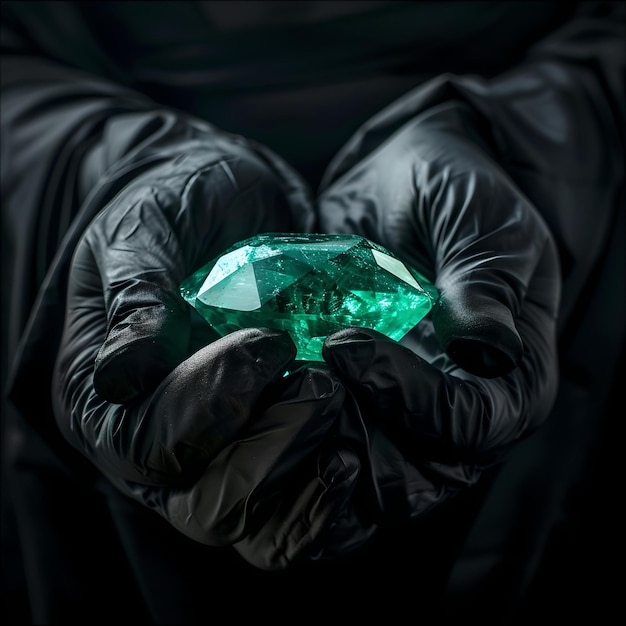 Persona sosteniendo una brillante piedra preciosa de esmeralda cuidadosamente en guantes oscuros esta imagen significa valor y secreto ideal para los conceptos de riqueza misterio y seguridad IA