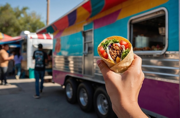 Foto una persona sosteniendo un burrito con camiones de comida coloridos