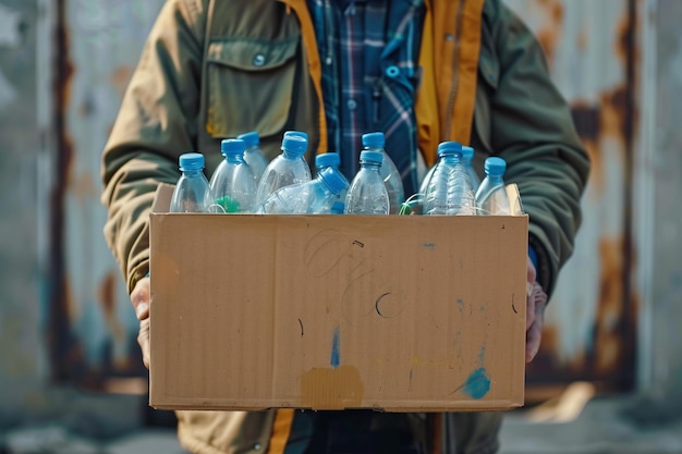 Persona sosteniendo una caja de cartón de botellas de plástico con IA generada