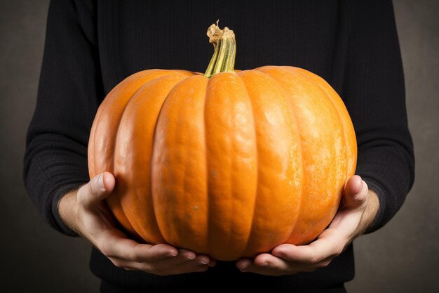 Una persona sosteniendo una calabaza en su cara sonriendo