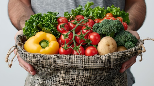 Persona sosteniendo una canasta llena de verduras frescas concepto de alimentación saludable productos agrícolas para una dieta equilibrada ideal para blogs de comida IA