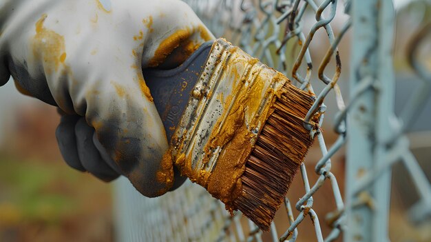 Una persona sosteniendo un cepillo en la mano cerca de una valla con una valla de enlace de cadena detrás de ella y un oxidado