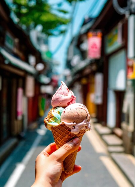 una persona sosteniendo un cono de helado frente a un edificio