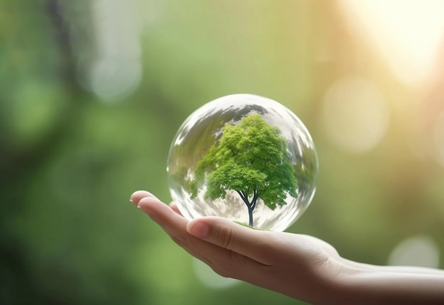 Una persona sosteniendo un globo de cristal con un árbol dentro.