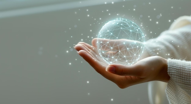 Una persona sosteniendo un globo digital brillante estilo de arte digital contra un fondo neutral que representa el concepto de conectividad global IA generativa