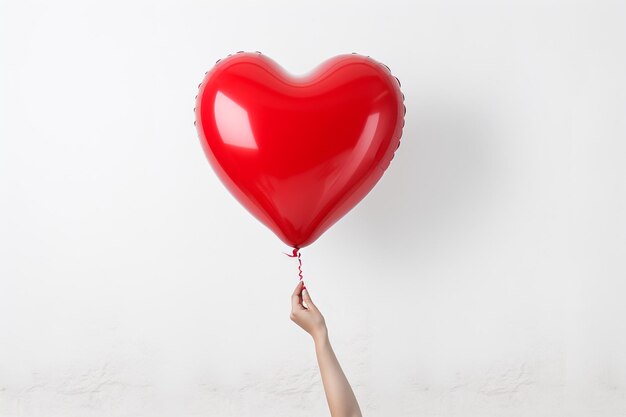 Foto persona sosteniendo un globo rojo con la palabra amor sobre un fondo blanco en el estilo de las bellas artes ted.