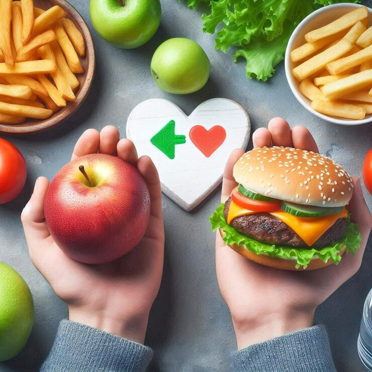 una persona sosteniendo una hamburguesa con papas fritas y una pegatina en forma de corazón
