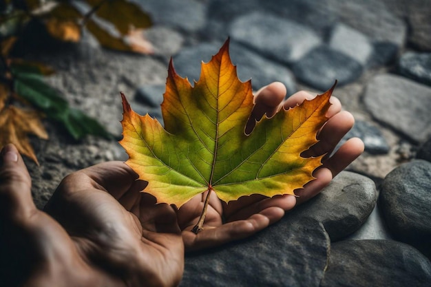 una persona sosteniendo una hoja que tiene la palabra otoño en ella