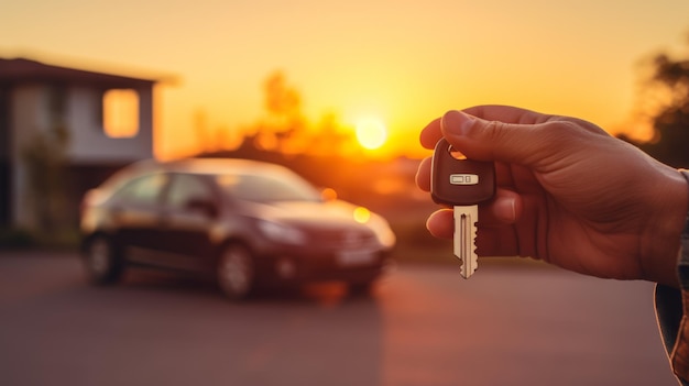 una persona sosteniendo una llave de coche que dice "clave" en la mano derecha