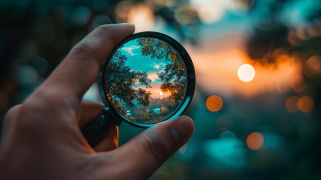 Foto una persona sosteniendo una lupa con el sol detrás de ellos