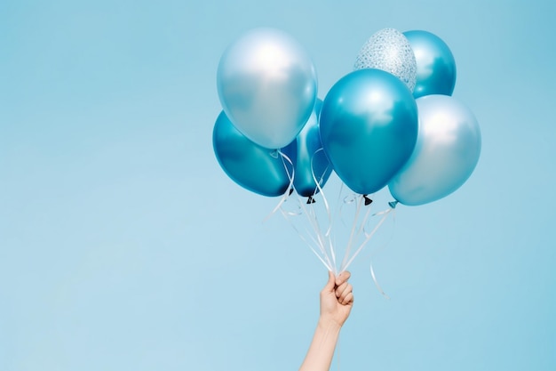 una persona sosteniendo un montón de globos azules
