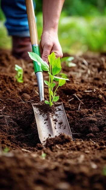 una persona sosteniendo una pala y cavando una planta