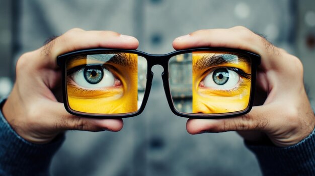 Foto una persona sosteniendo un par de gafas con ojos amarillos y azules