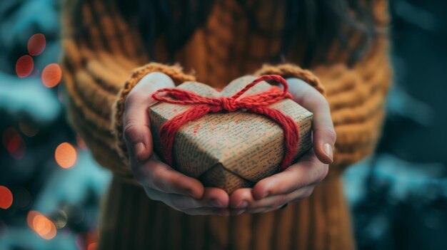 Persona sosteniendo un pequeño regalo festivo envuelto en papel texturizado con un arco de cuerda roja