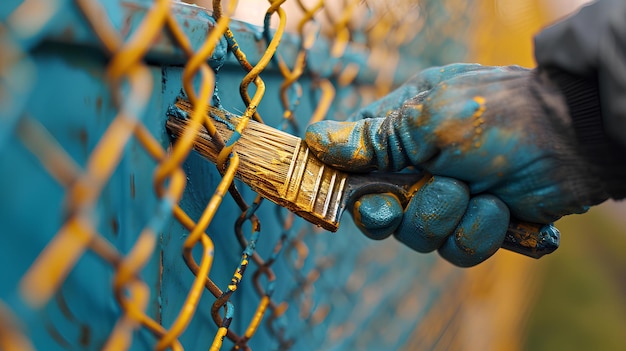 Una persona sosteniendo un pincel cerca de una valla azul con pintura amarilla y una valla de enlace de cadena amarilla