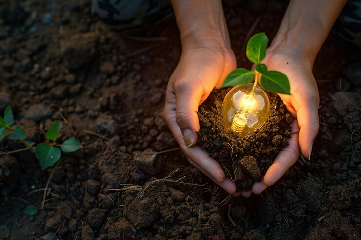 una persona sosteniendo una planta con una bombilla en sus manos