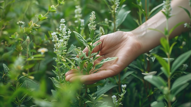 una persona sosteniendo una planta con flores en el fondo