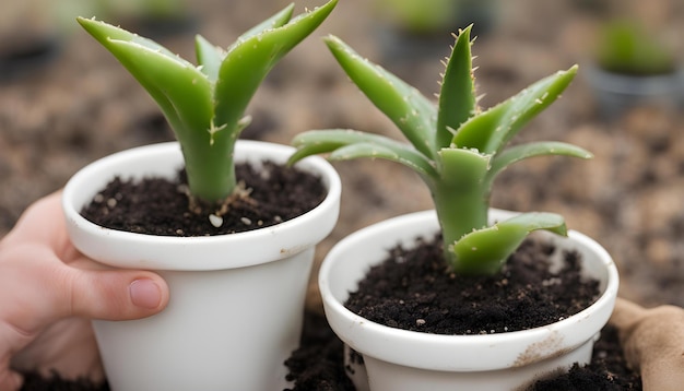 una persona sosteniendo una planta en una olla blanca con una planta verde en ella