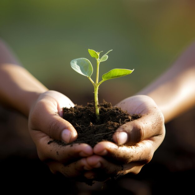 Una persona sosteniendo una planta en sus manos