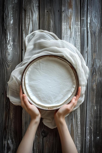 una persona sosteniendo un plato sobre su cabeza