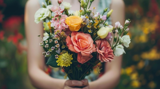 Persona sosteniendo un ramo de flores mixtas Concepto de arreglo floral de primer plano para diseño e impresión