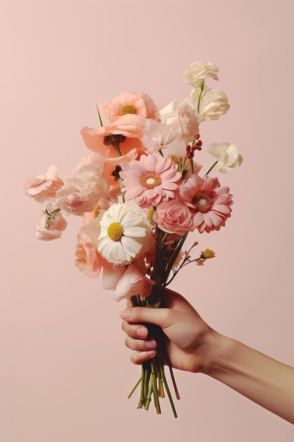 Foto una persona sosteniendo un ramo de flores en su mano creada con ia generativa