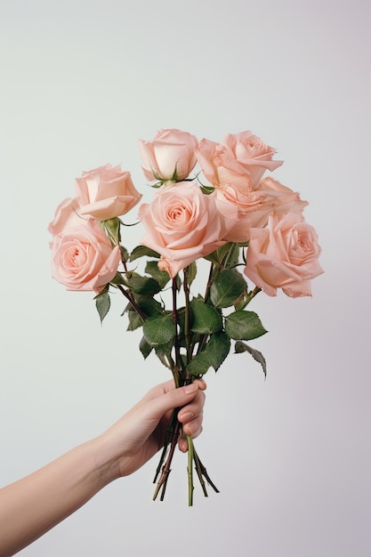 Foto una persona sosteniendo un ramo de rosas blancas creadas con ia generativa