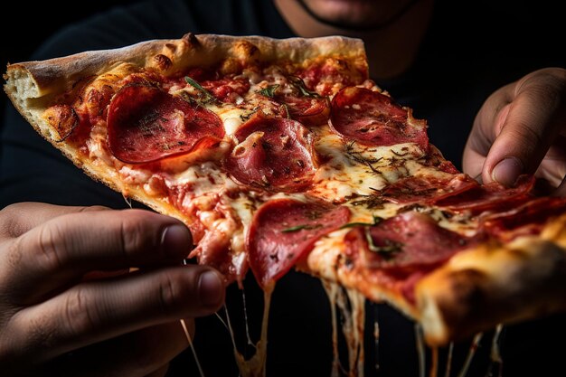 Persona sosteniendo una rebanada de pizza de carne hasta la boca