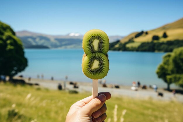 Una persona sosteniendo un refrescante helado con infusión de kiwi en un caluroso día de verano