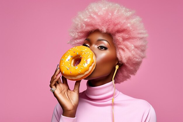 Una persona sosteniendo una rosquilla en su ojo como un monóculo