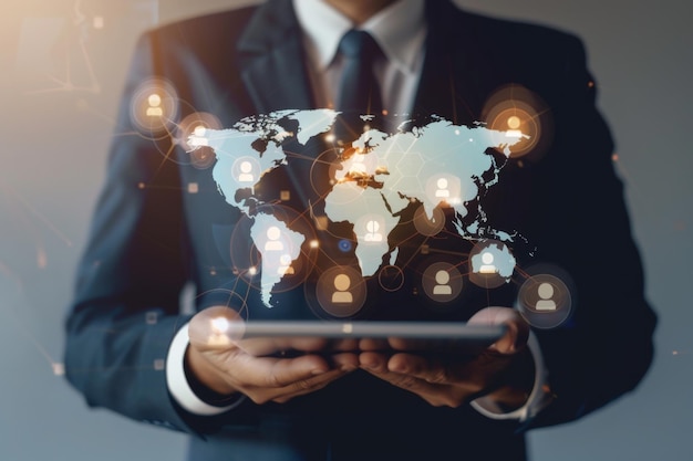 una persona sosteniendo una tableta con un mapa del mundo