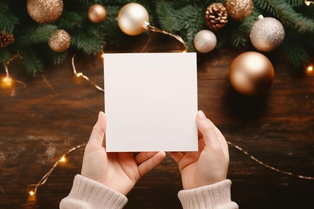 una persona sosteniendo una tarjeta blanca frente a un árbol de Navidad