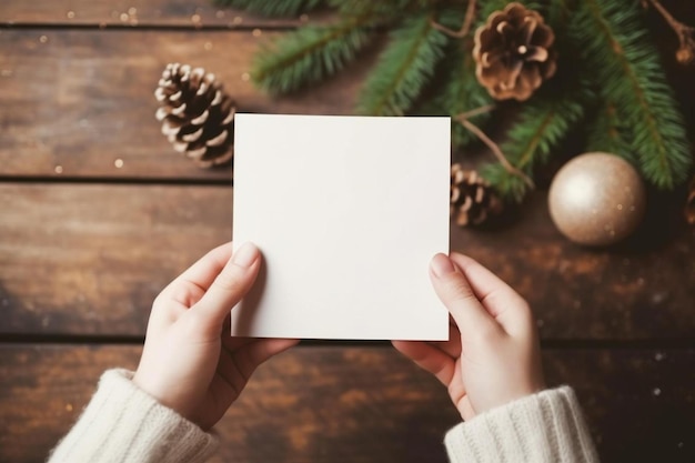 una persona sosteniendo una tarjeta en blanco frente a un árbol de Navidad