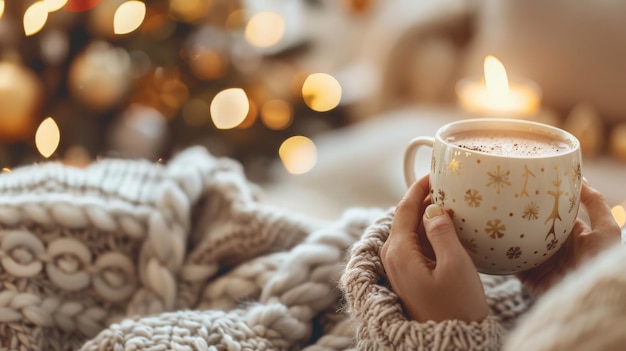 Persona sosteniendo una taza de café de chocolate caliente frente a un árbol de Navidad