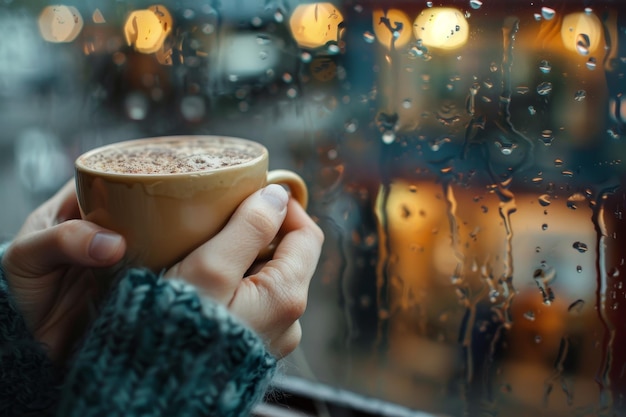 Una persona sosteniendo una taza de café con una vista de gotas de lluvia en la ventana